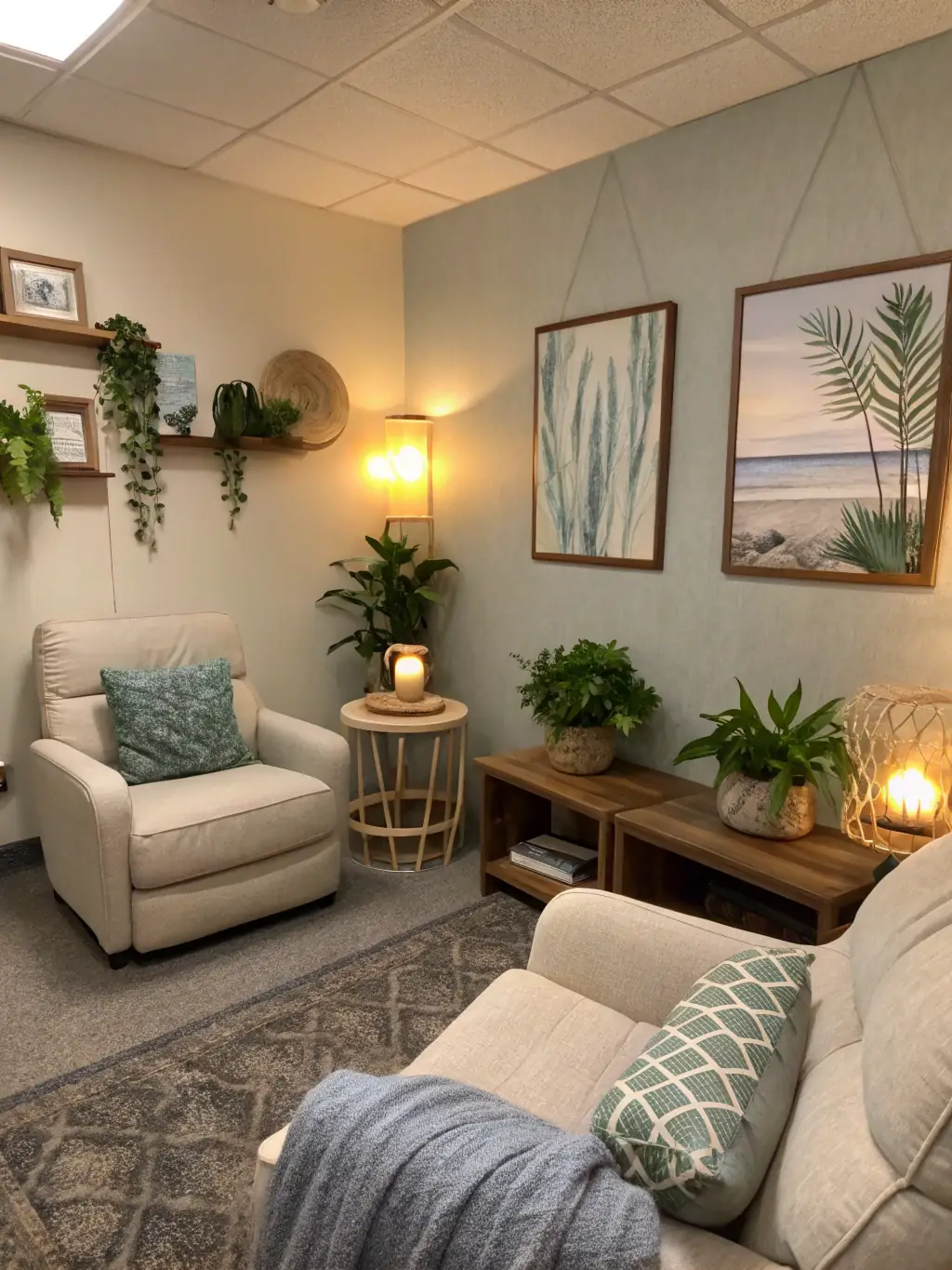 A serene counseling room with comfortable seating and calming decor, symbolizing a safe space for mental health support.