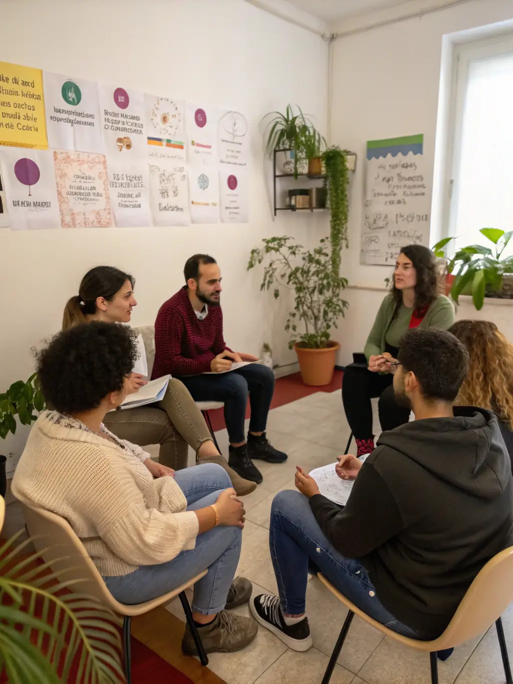 A group of people participating in a therapy session, led by a counselor. The setting is warm and inviting, symbolizing the community support offered at Florida Recovery Help.