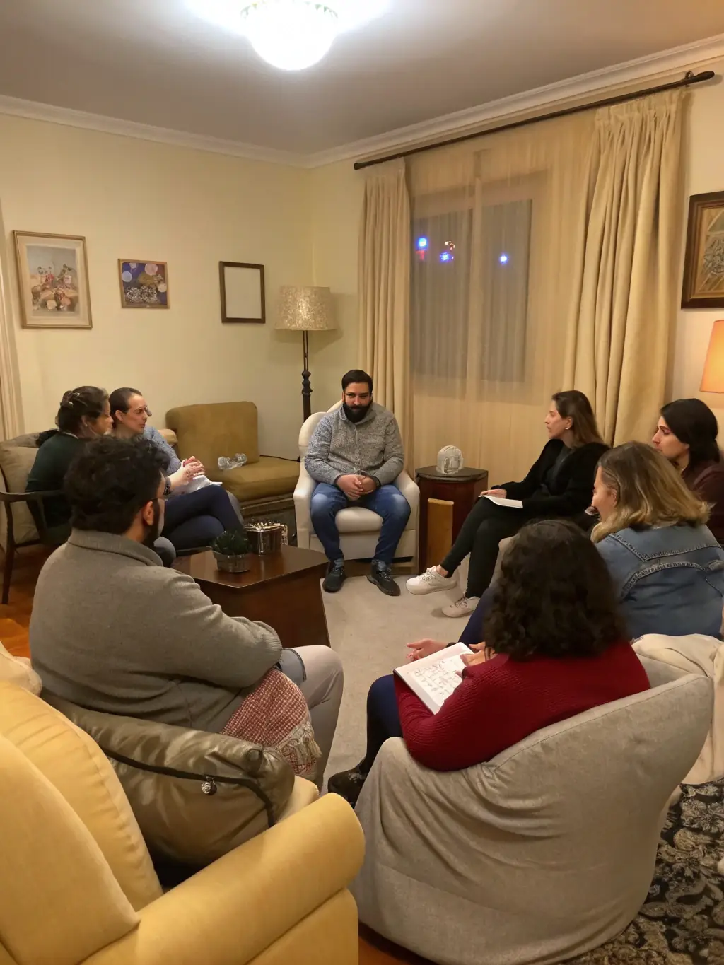A group therapy session in progress, illustrating community support and shared experiences among individuals in recovery.