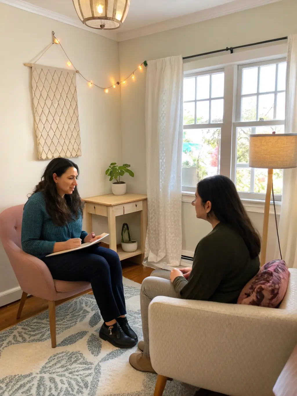 A serene image of a therapist in a brightly lit office, listening attentively to a client. The scene conveys empathy and support, representing mental health counseling services at Florida Recovery Help.